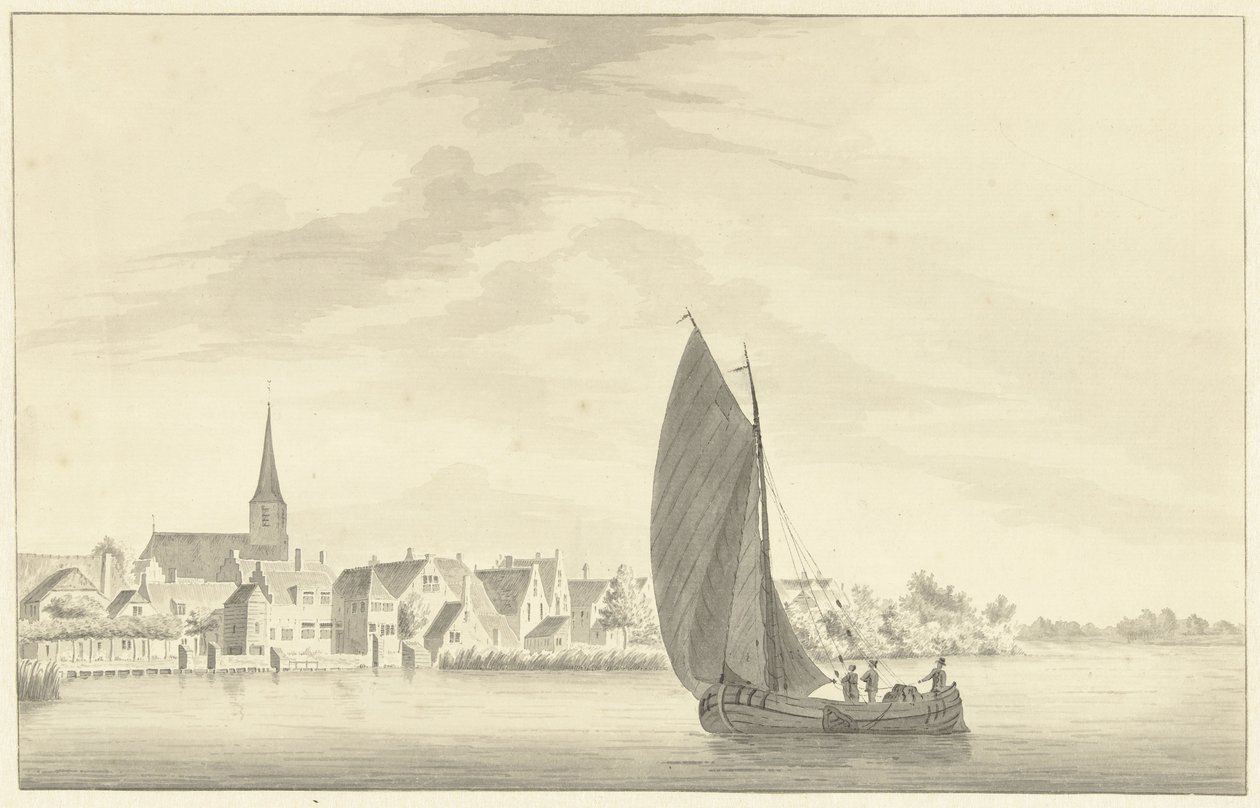 El pueblo de Gouderak con un velero en primer plano de Theodorus Cornelis Schutter