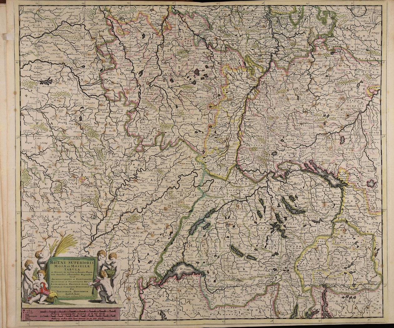 Accuratissima Rheni superioris Mosae et Mosellae tabula ac minores in eosdem in fluentes fluvii cum omnibus adherentibus regionibus sicut archiepiscopatus et electoratus Moguntini et Palatinatus Rheni Lotaringiae Helvetiae Alsatiae Sueviae et comitatus Bur de Theodorus Danckerts