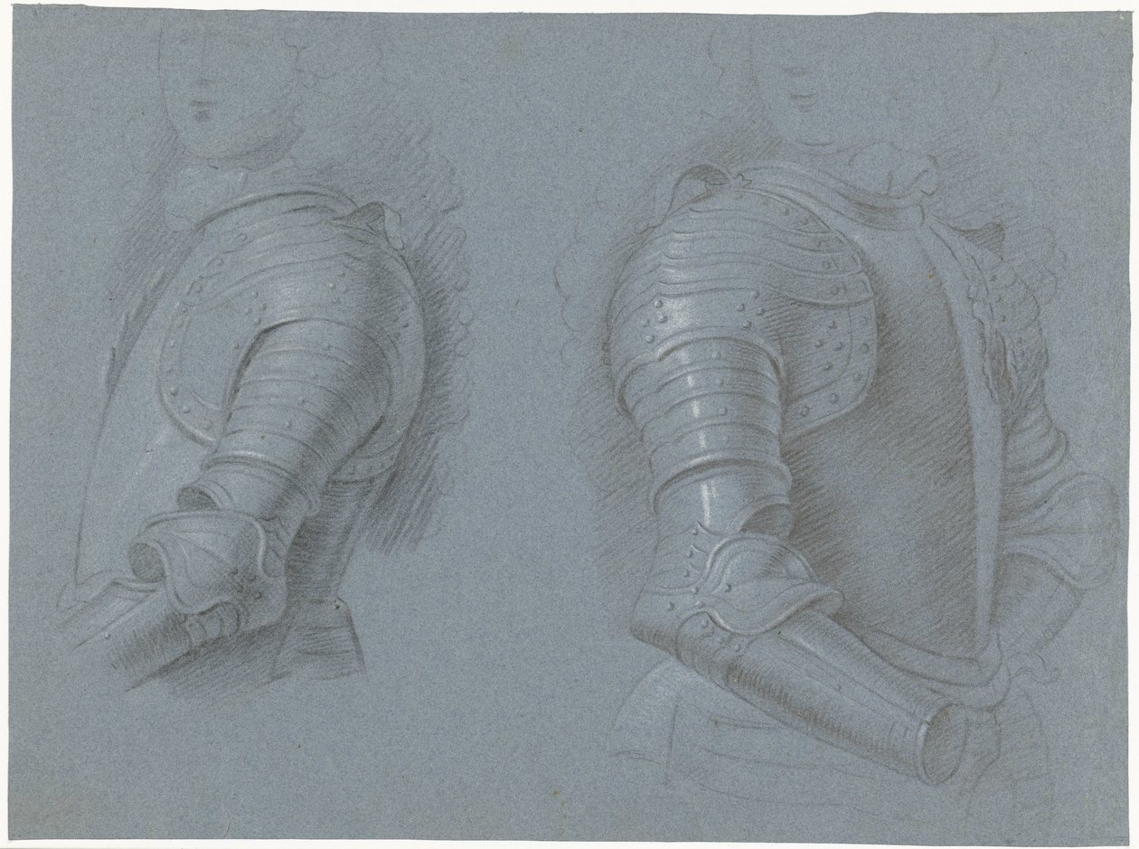 Hoja de estudio que muestra los lados izquierdo y derecho de una coraza de Theodorus Netscher