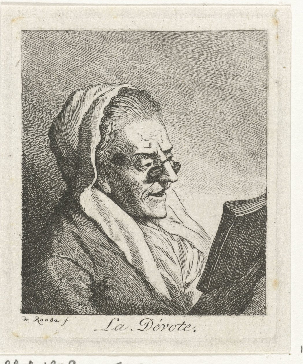 Lectura anciana con quevedos La Dévote (título sobre objeto) de Theodorus de Roode