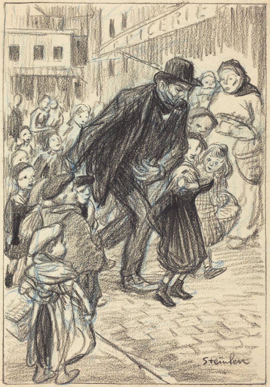 Un hombre en una calle de la ciudad, rodeado de niños (Un Père) de Théophile Alexandre Steinlen