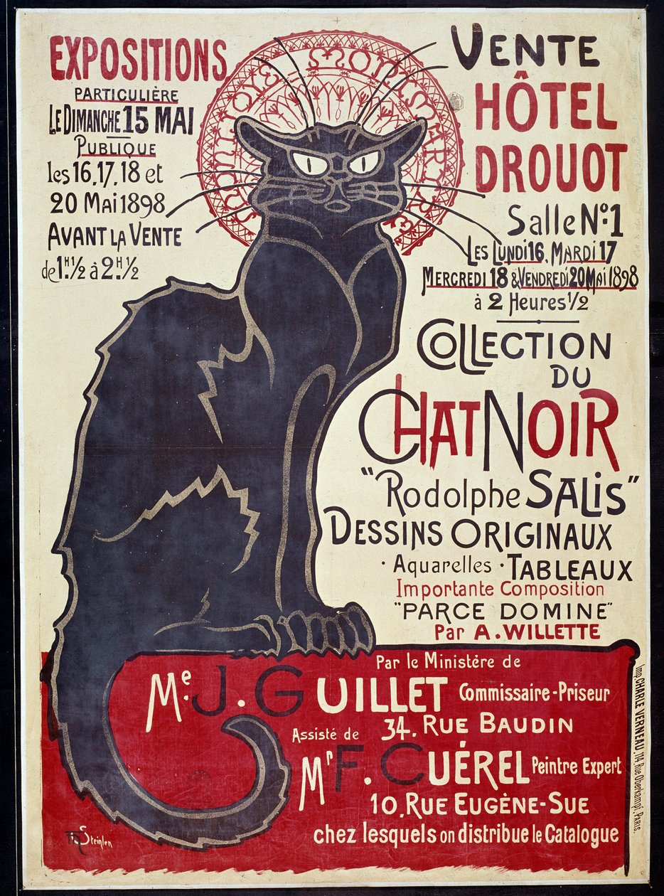Cartel publicitario anunciando la venta en el Hotel Drouot en 1898 de la colección del Gato Negro y obras de Rodolphe Salis, Ilustración de Theophile Alexandre Steinlen (1859-1923) de Théophile Alexandre Steinlen