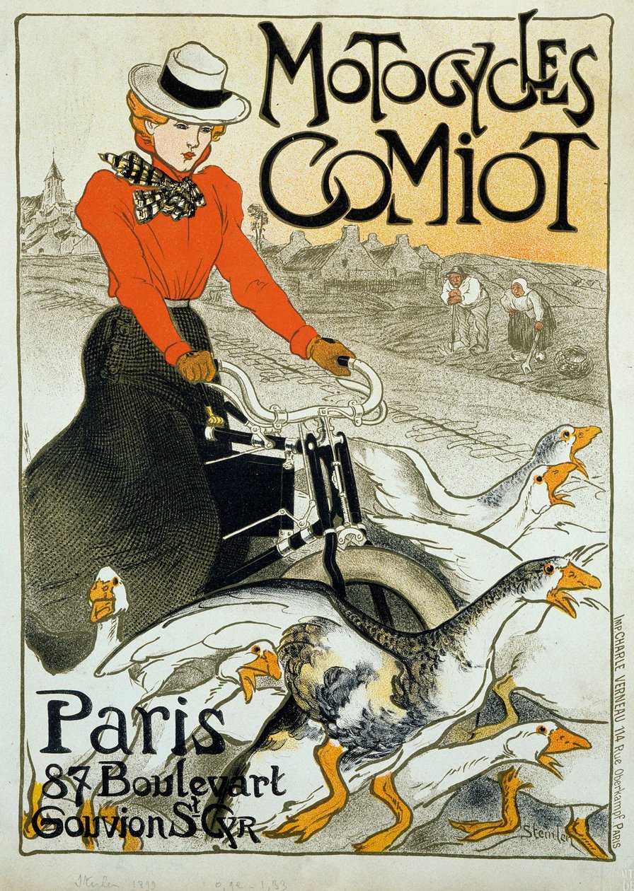 Cartel publicitario para motocicletas Comiot. Una joven en un ciclomotor entre un grupo de gansos. Cartel de Theophile Alexandre Steinlen (1859-1923). 1899. París, artes decorativas de Théophile Alexandre Steinlen