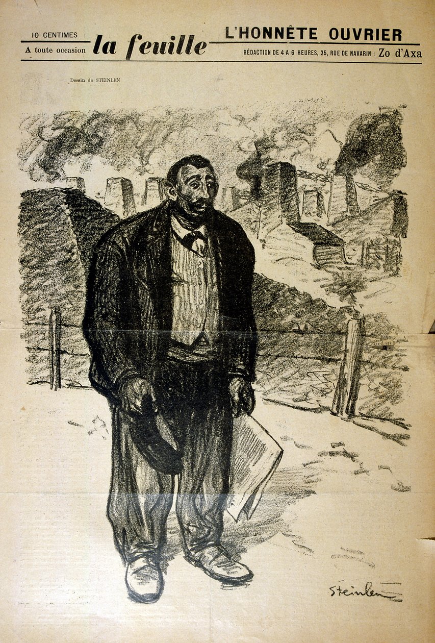 Dibujo de un trabajador de una fábrica pobre contra un paisaje industrial, por Alexandre Steinlen (1859-1923), un pintor y grabador Art Nouveau francés nacido en Suiza de Théophile Alexandre Steinlen
