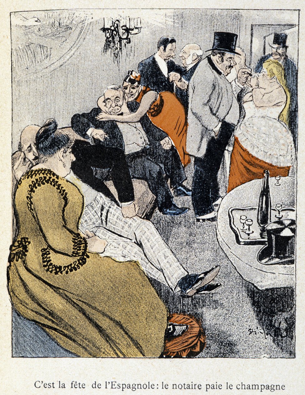 Filles et Marlous: Es la fiesta de los españoles: el notario paga el champán - en “Dans la vie”, por Steinlen 1901 de Théophile Alexandre Steinlen