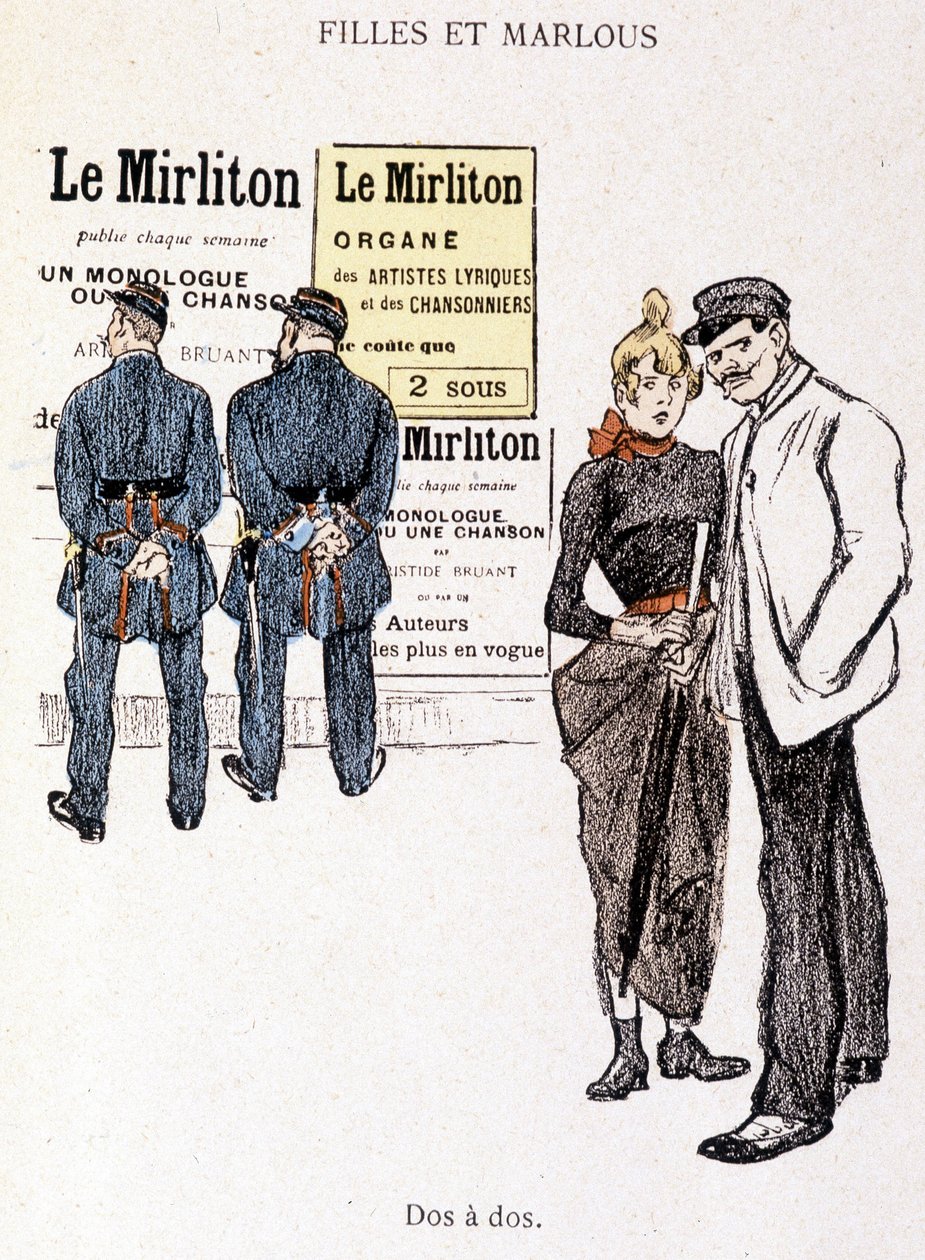 Chica y Marlou: un proxeneta y una prostituta detrás de dos policías. En “In Life” por Steinlen de Théophile Alexandre Steinlen