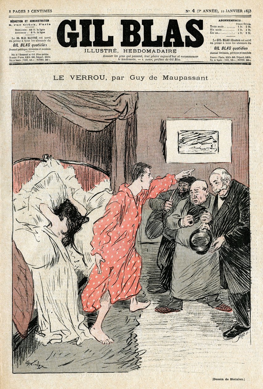 Ilustración de Steinlen del cuento "El candado" de Guy de Maupassant. Pareja ilegítima sorprendida en pleno acto amoroso - Adulterio, sorpresa. Portada de Gil Blas No. 4, 22 de enero de Théophile Alexandre Steinlen
