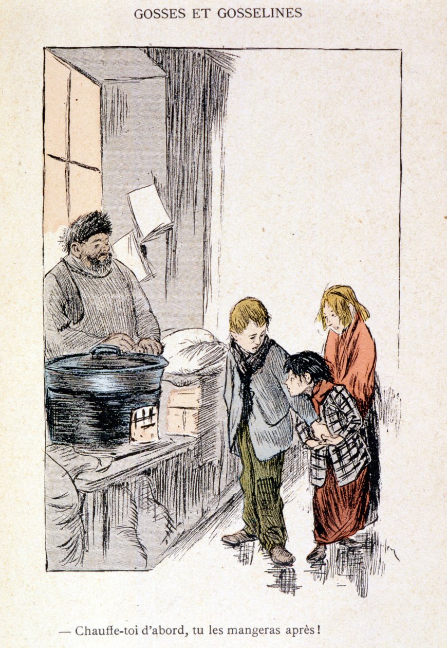Niños y Gosselines: Caliéntate primero, te los comerás después! en “En la Vida”, por Steinlen 1901 de Théophile Alexandre Steinlen