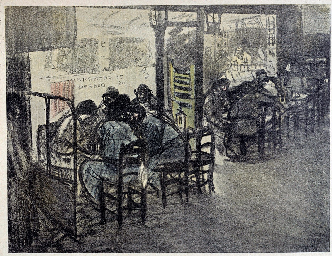 En la terraza del café (En el escaparate está escrito "Absenta 15", "Pernod 20") Dibujo de Theophile Alexandre Steinlen (1859-1923) siglo XX París, Museo Carnavalet de Théophile Alexandre Steinlen
