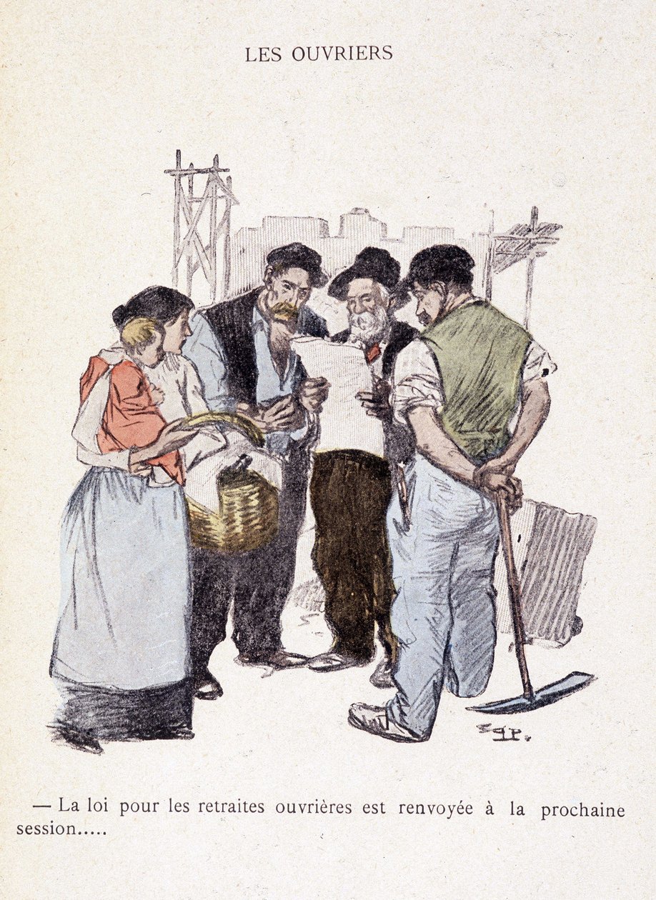 Trabajadores: La ley de pensiones para trabajadores se pospone a la próxima sesión... - en "Dans la vie", por Steinlen 1901 de Théophile Alexandre Steinlen