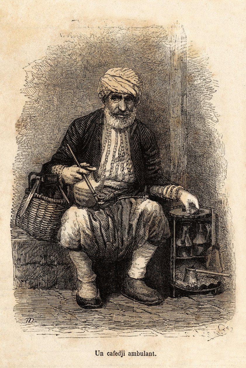 Un vendedor de café (cafedji) viajando, en el bazar de Trebisonda (actual Trabzon, en la costa del Mar Negro), grabado después de un dibujo del narrador, ilustrando un viaje a Lazistán y Armenia, de 1869, por Theophile Deyrolle, publicado en "Le tour du mo de Theophile Louis Deyrolle