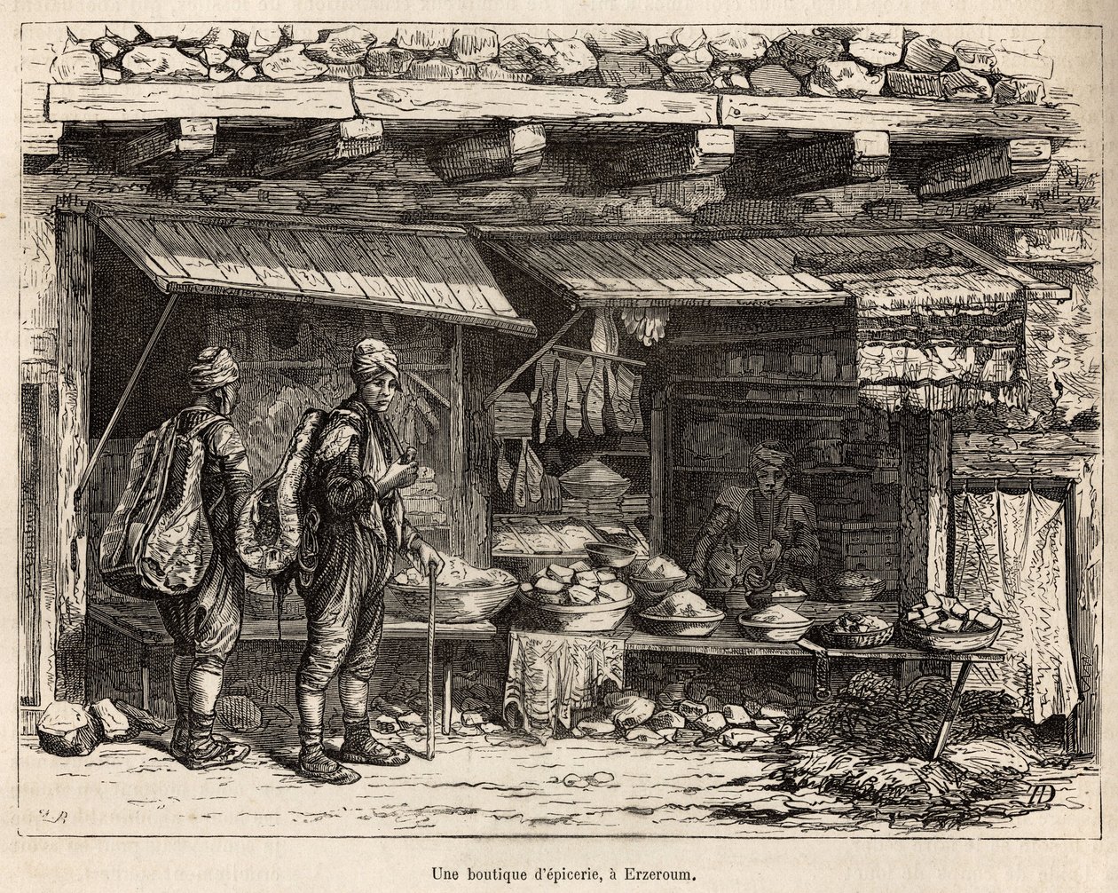 Una tienda de comestibles en Erzeroum (Armenia), grabado según un dibujo del autor, ilustrando el viaje en Lazistán y Armenia, por Theophile Deyrolles, en 1869, publicado en 