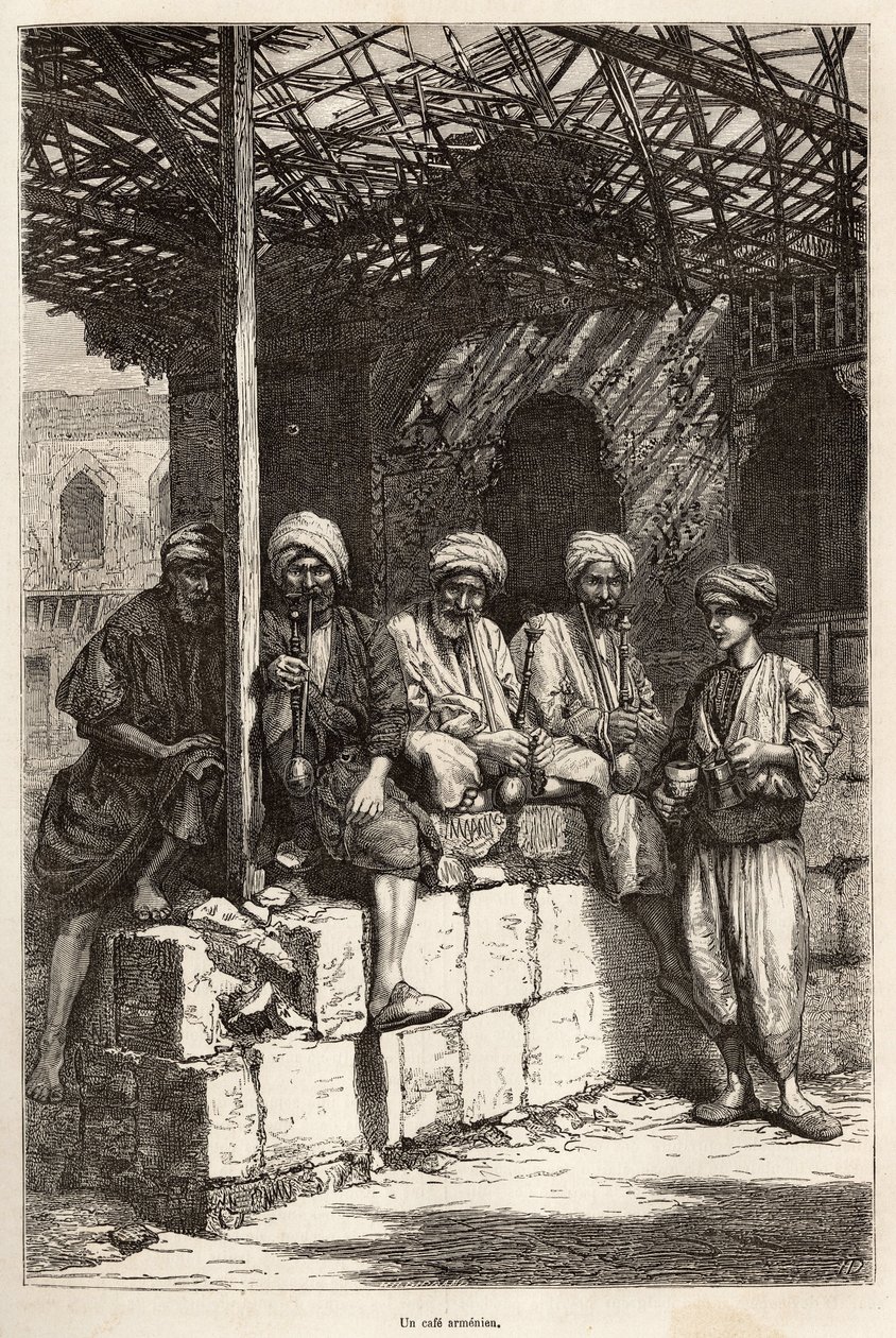 Un café armenio, un lugar de convivencia masculina, para beber café y fumar la pipa, grabado según un dibujo del autor, ilustrando el viaje en Lazistán y Armenia, por Theophile Deyrolles, en 1869, publicado en 