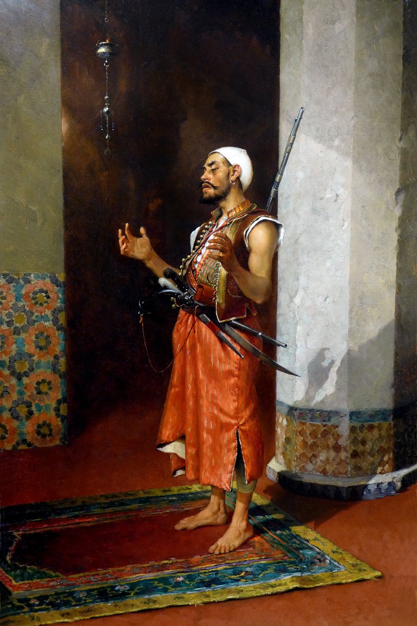 Guardia turco rezando, finales del siglo XIX-principios del XX (óleo sobre lienzo) de Theophile Marie Francois Lybaert