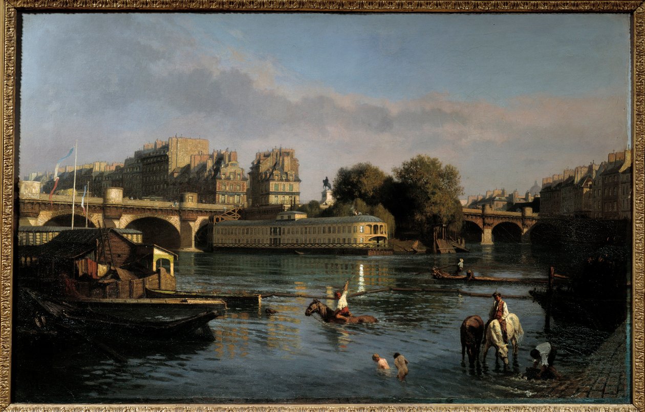 El puente nuevo y la punta de la Ile de la Cite. Vista de París. Pintura de Theophile Meunier (1800-1884) de Théophile Meunier