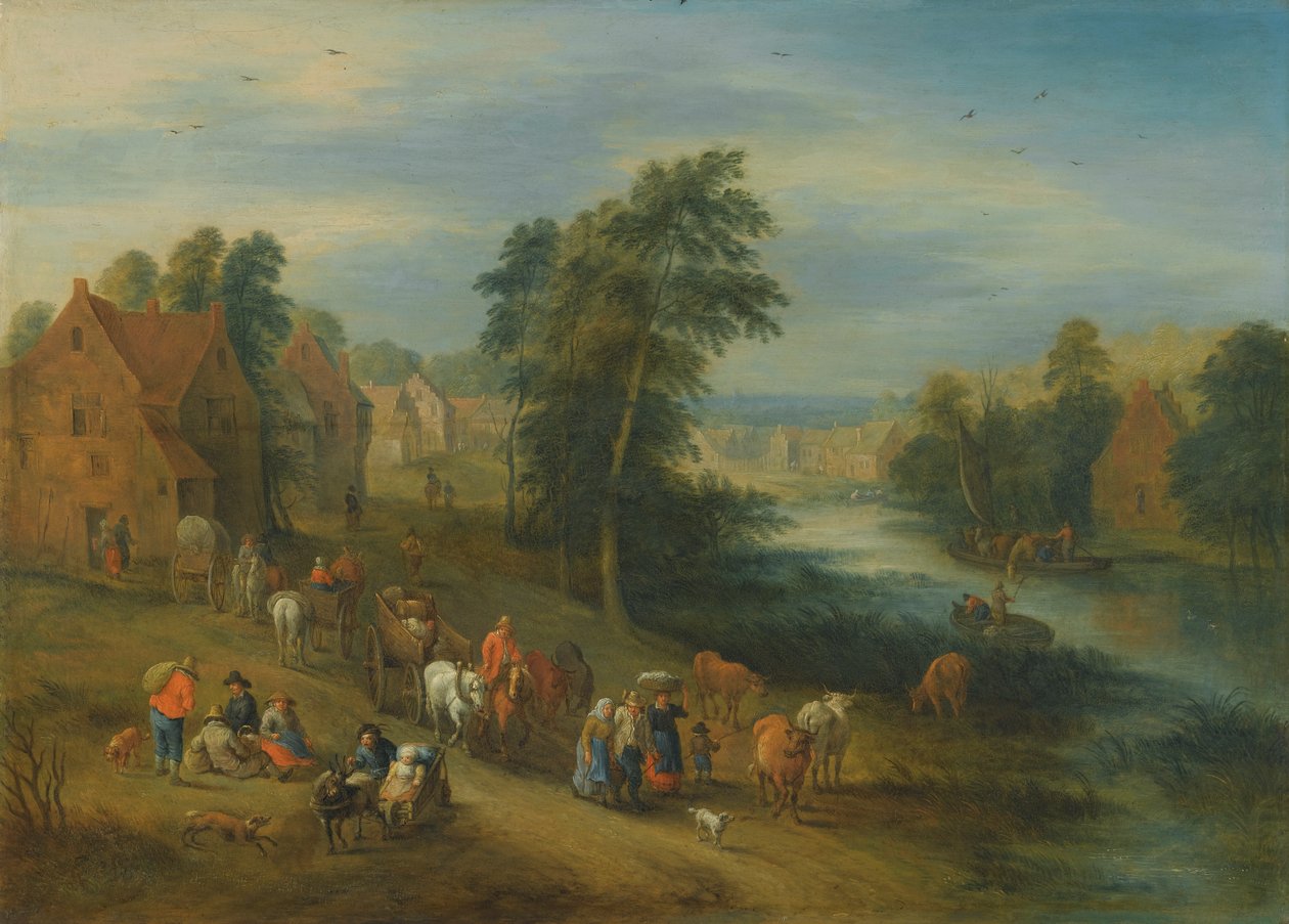 Un paisaje fluvial con aldeanos y carros en un camino de Theobald Michau