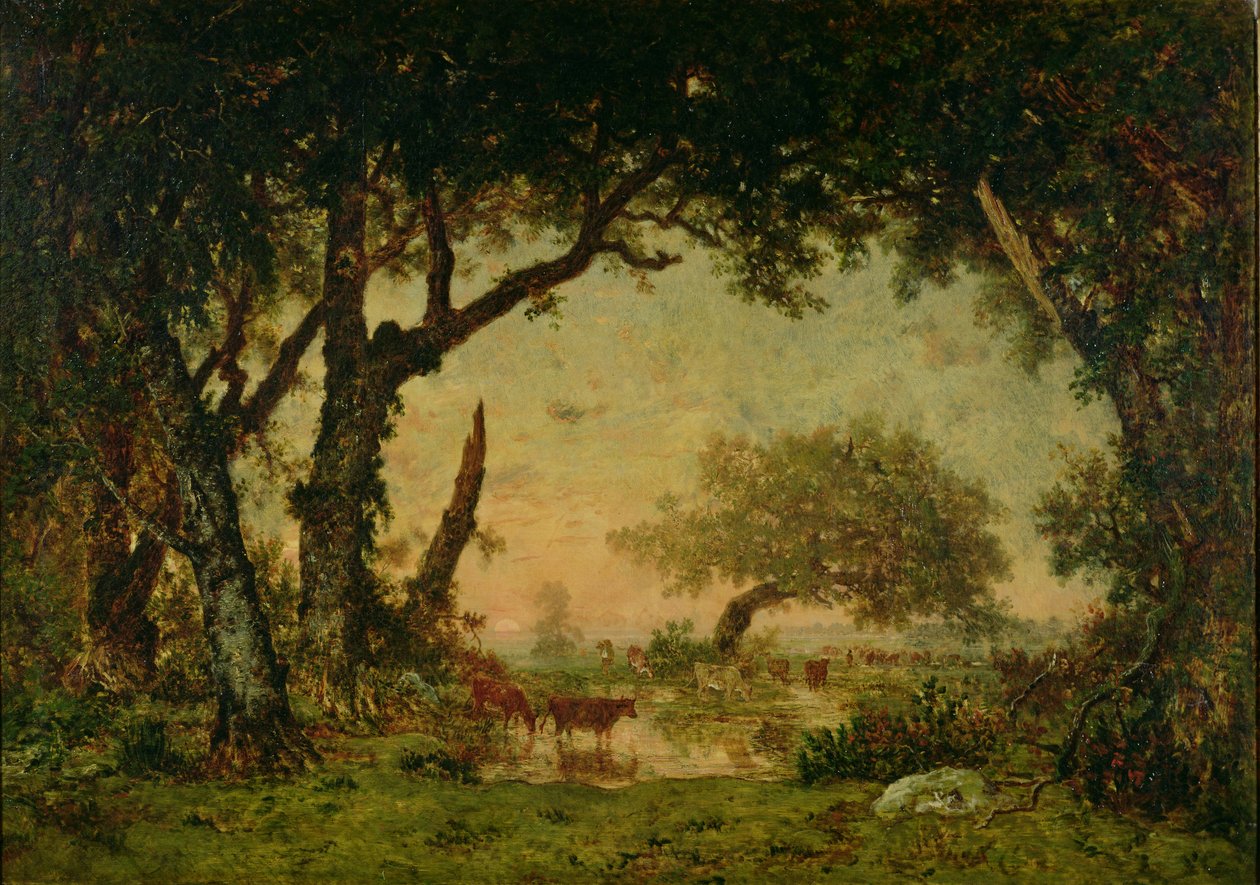 El borde del bosque en Fontainebleau, puesta de sol, 1850-51 de Pierre Etienne Theodore Rousseau