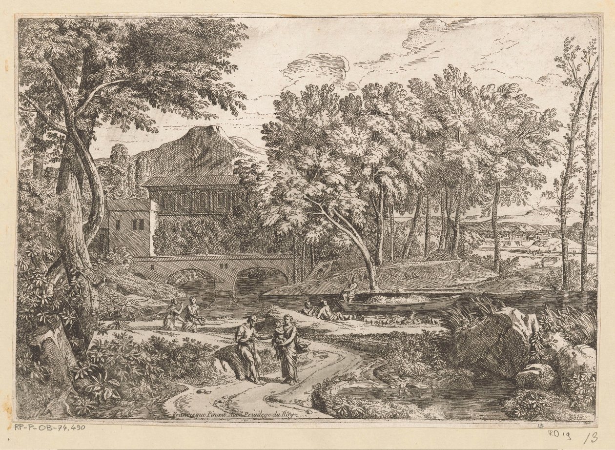 Paisaje arcádico con un rebaño de cabras junto al agua y una madre con un niño en un camino con otras figuras Suite de Paysages (título de la serie) de Théodore