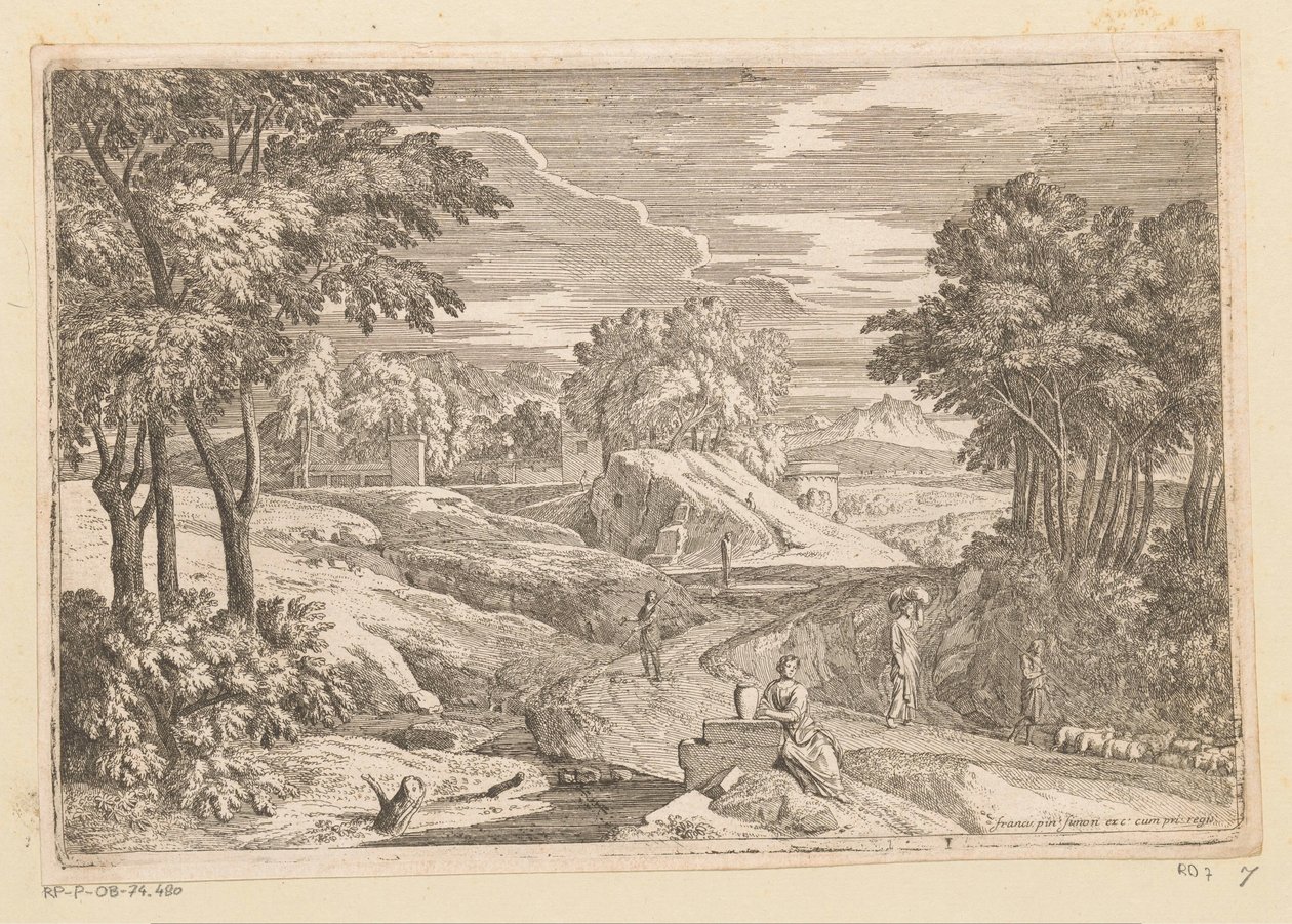 Paisaje arcádico con una mujer sentada junto a un jarrón y otras figuras. Suite de Paysages (título de la serie) de Théodore