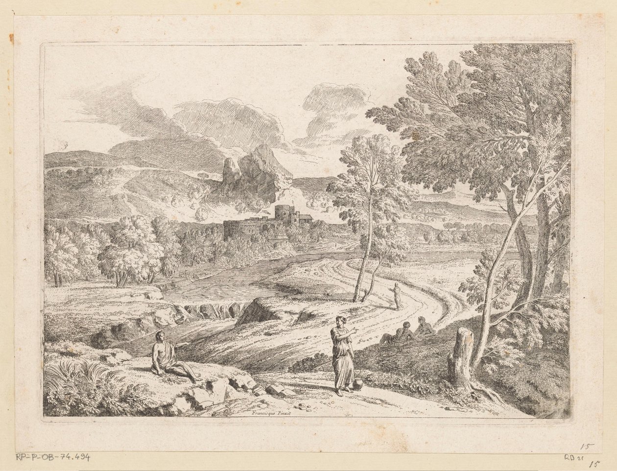 Paisaje arcádico con figuras a lo largo de un camino junto a un arroyo Suite de Paysages (título de la serie) de Théodore