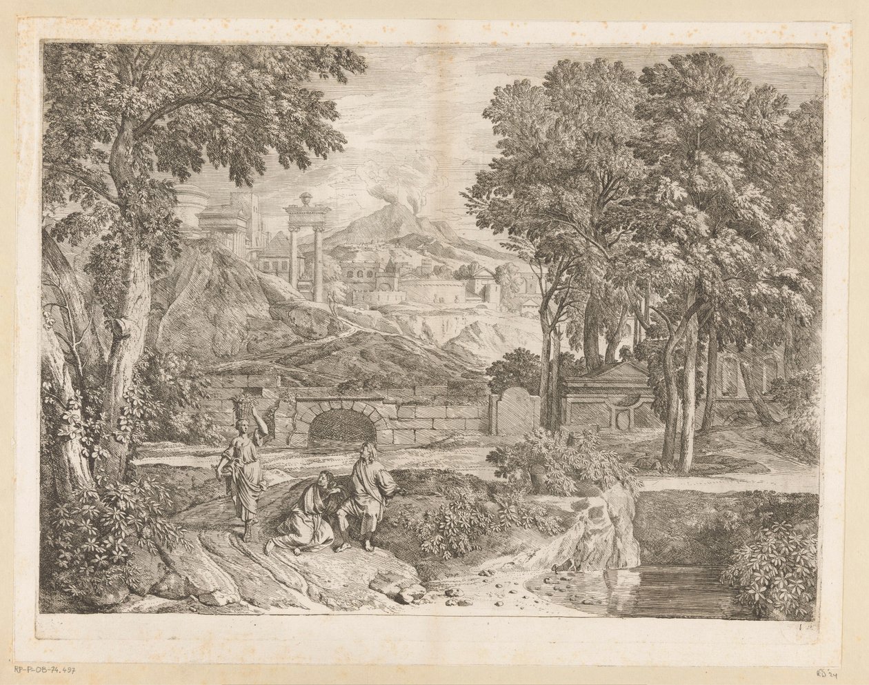 Paisaje arcádico con dos hombres y una mujer fructífera de Théodore