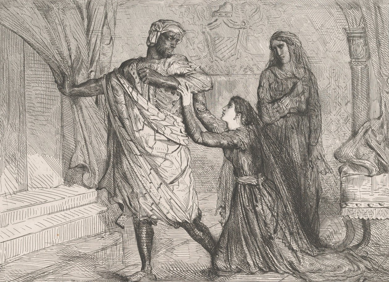 ¡Lejos!: placa 7 de Otelo Acto 3, Escena 4, grabado 1844, reimpreso 1900 de Théodore Chassériau