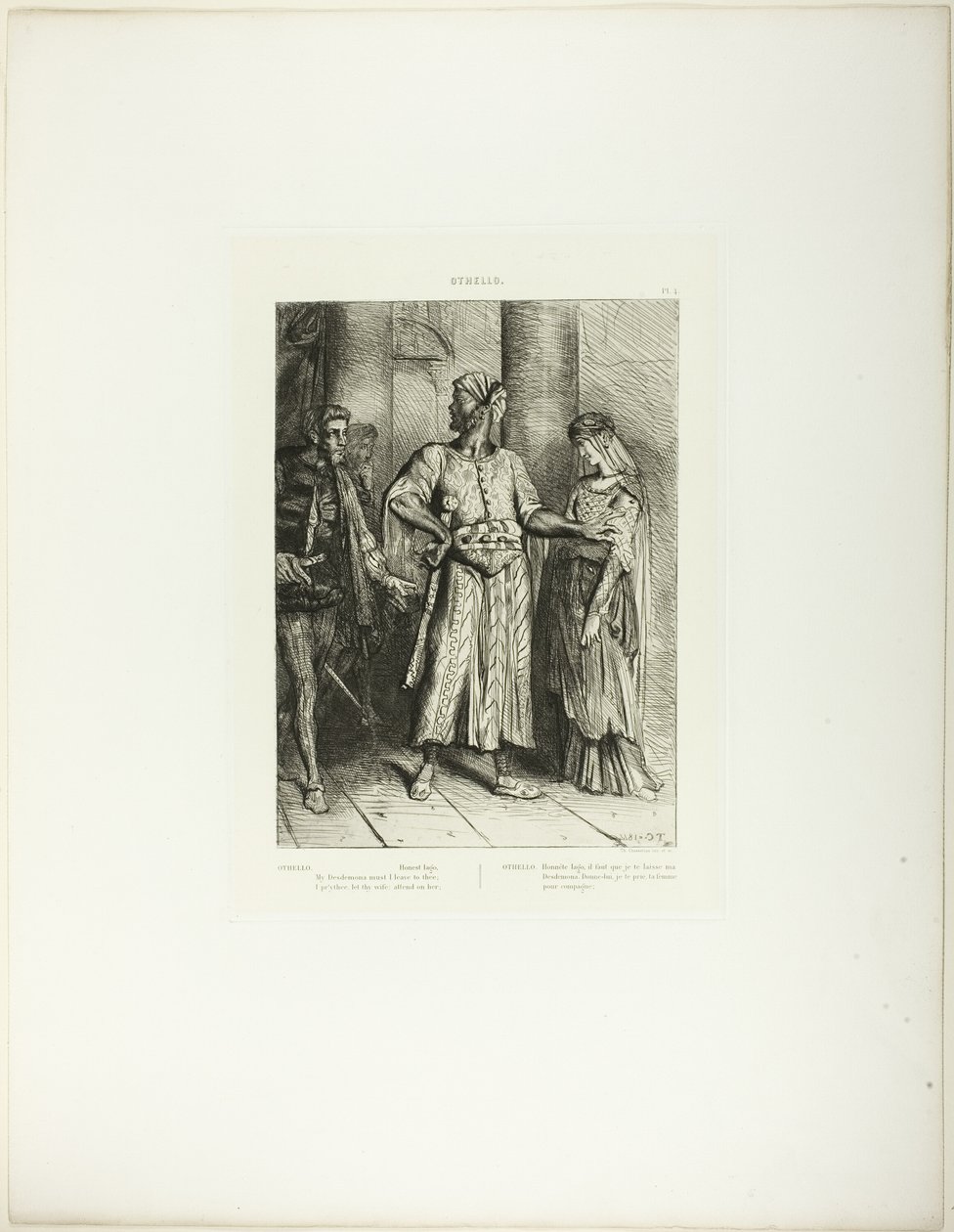 Honesto Iago, Desdémona debo dejarte, lámina 4 (acto 1, escena 3), de Otelo de Théodore Chassériau