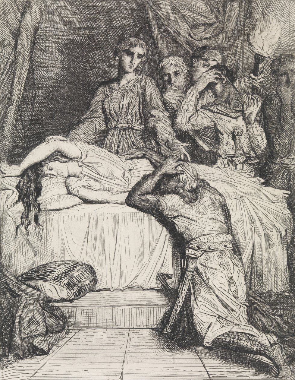 ¡Oh! ¡Oh! ¡Oh!: placa 14 de Otelo Acto 5, Escena 2, grabado 1844, reimpreso 1900 de Théodore Chassériau
