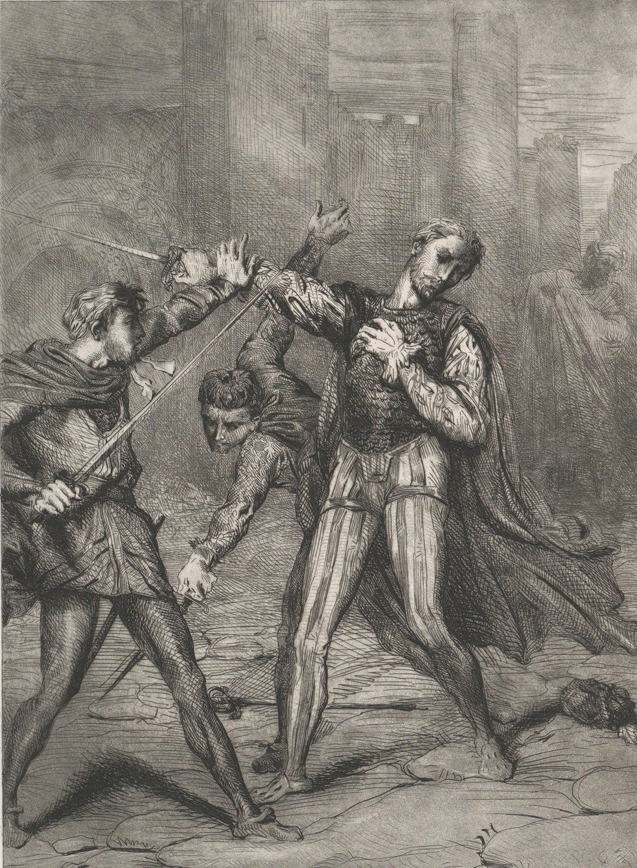 Villano, mueres: placa 10 de Othello Acto 5, Escena 1, grabado 1844, reimpreso 1900 de Théodore Chassériau