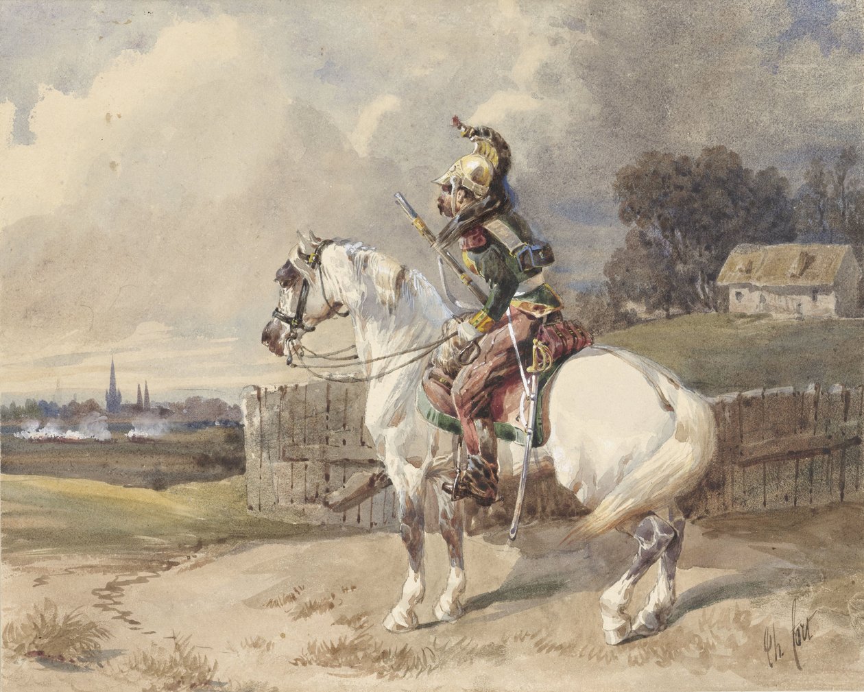 Dragón francés sobre un caballo blanco, girado a la izquierda, de perfil de Théodore Fort (signed by artist)