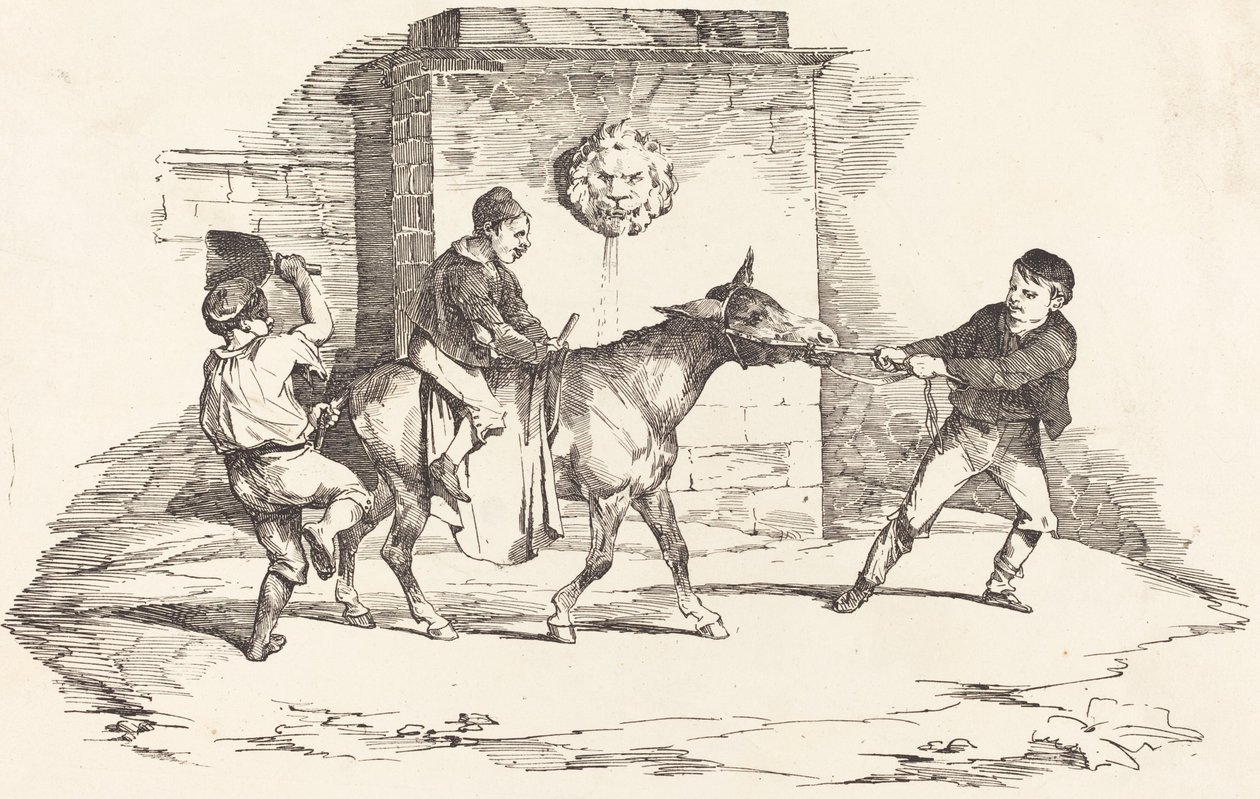 Tres niños jugando con un burro de Théodore Gericault and Nicolas Toussaint Charlet