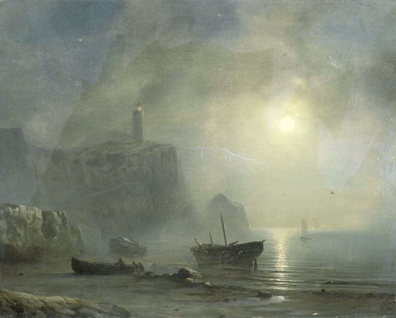 Vista de una costa rocosa a la luz de la luna de Théodore Gudin (attributed to)