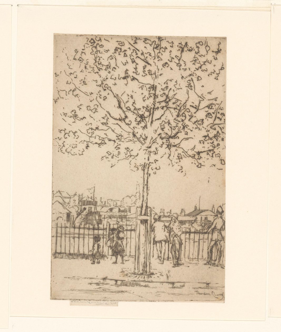 Seis figuras en una valla a lo largo de un río, en primer plano un árbol
Chelsea Embankment, junio, 5 P.M., 1889 de Théodore Roussel (signed by artist)
