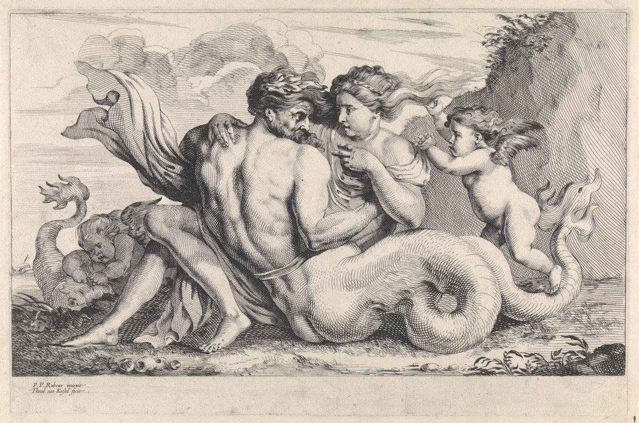 Sirena y tritón
Figuras mitológicas (título de la serie) de Théodorus van Kessel