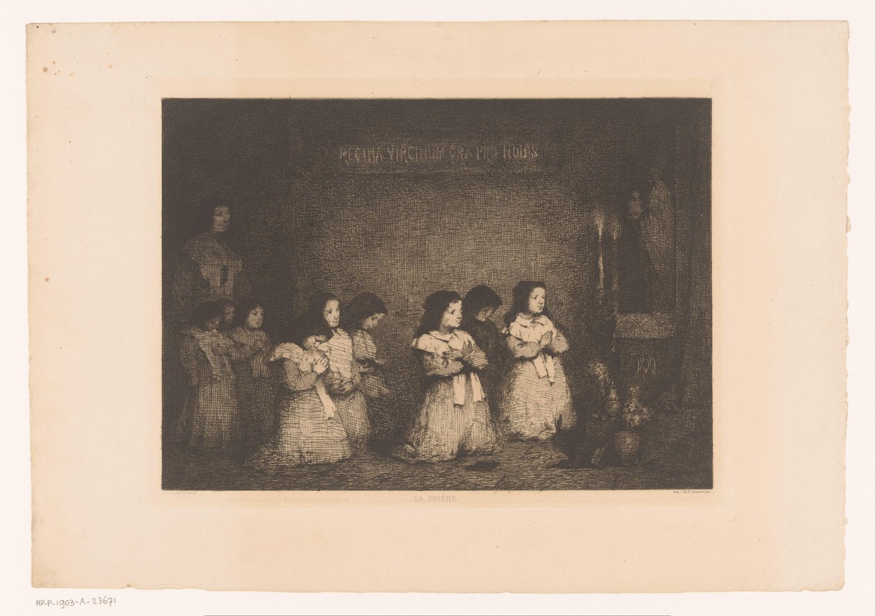 Grupo de niñas en oración frente a una estatua de María La Priere (título sobre objeto) Eaux-Fortes Modernes: Originales et Inédites (título de la serie) de Théodule Augustin Ribot