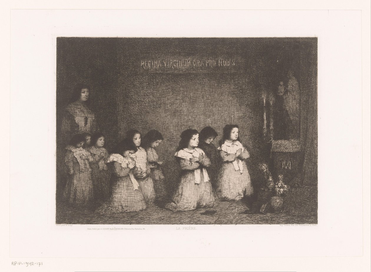 Grupo de niñas en oración frente a una estatua de la Virgen María
La Prière (título en el objeto)
Eaux-Fortes Modernes: Originales et Inédites (título de la serie) de Théodule Augustin Ribot