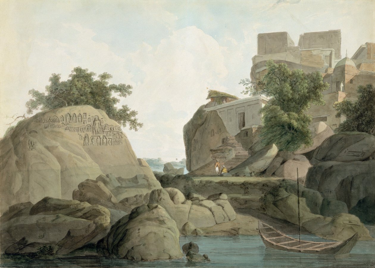 Roca del Fakir en Sultanganj, en el río Ganges, India, c.1790 de Thomas und William Daniell