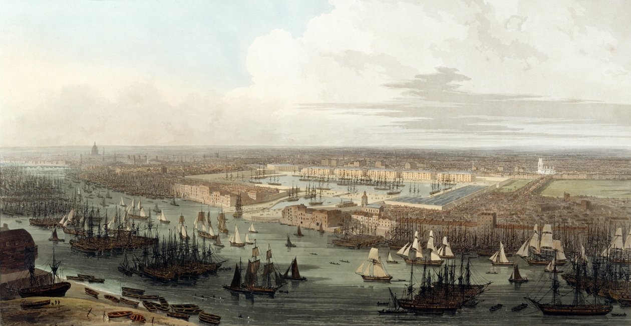 Wapping, vista elevada del muelle, 1803 de Thomas und William Daniell