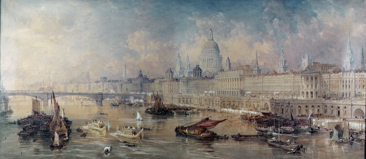 Diseño para el Embankment del Támesis, vista río arriba de Thomas Allom