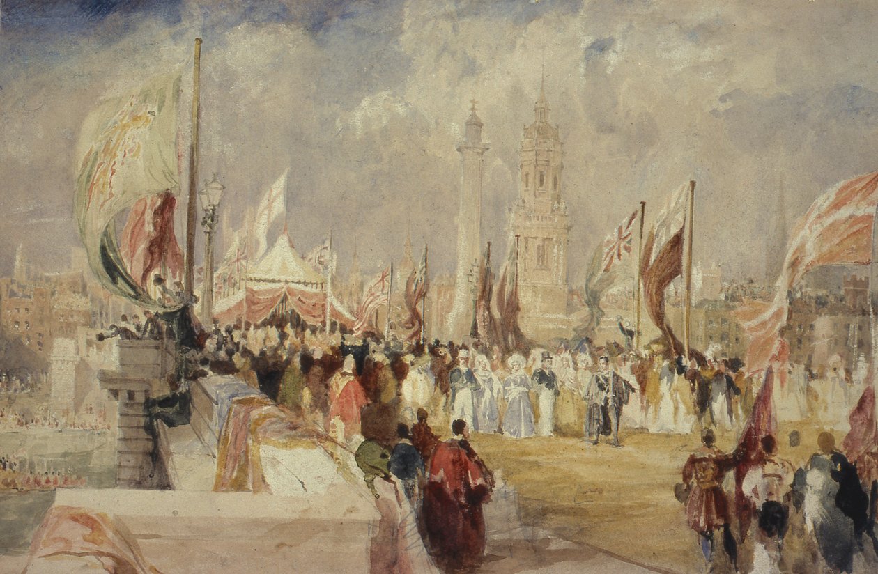 La inauguración del Puente de Londres por el Rey Guillermo IV y la Reina Adelaida el 1 de agosto de 1831 de Thomas Allom