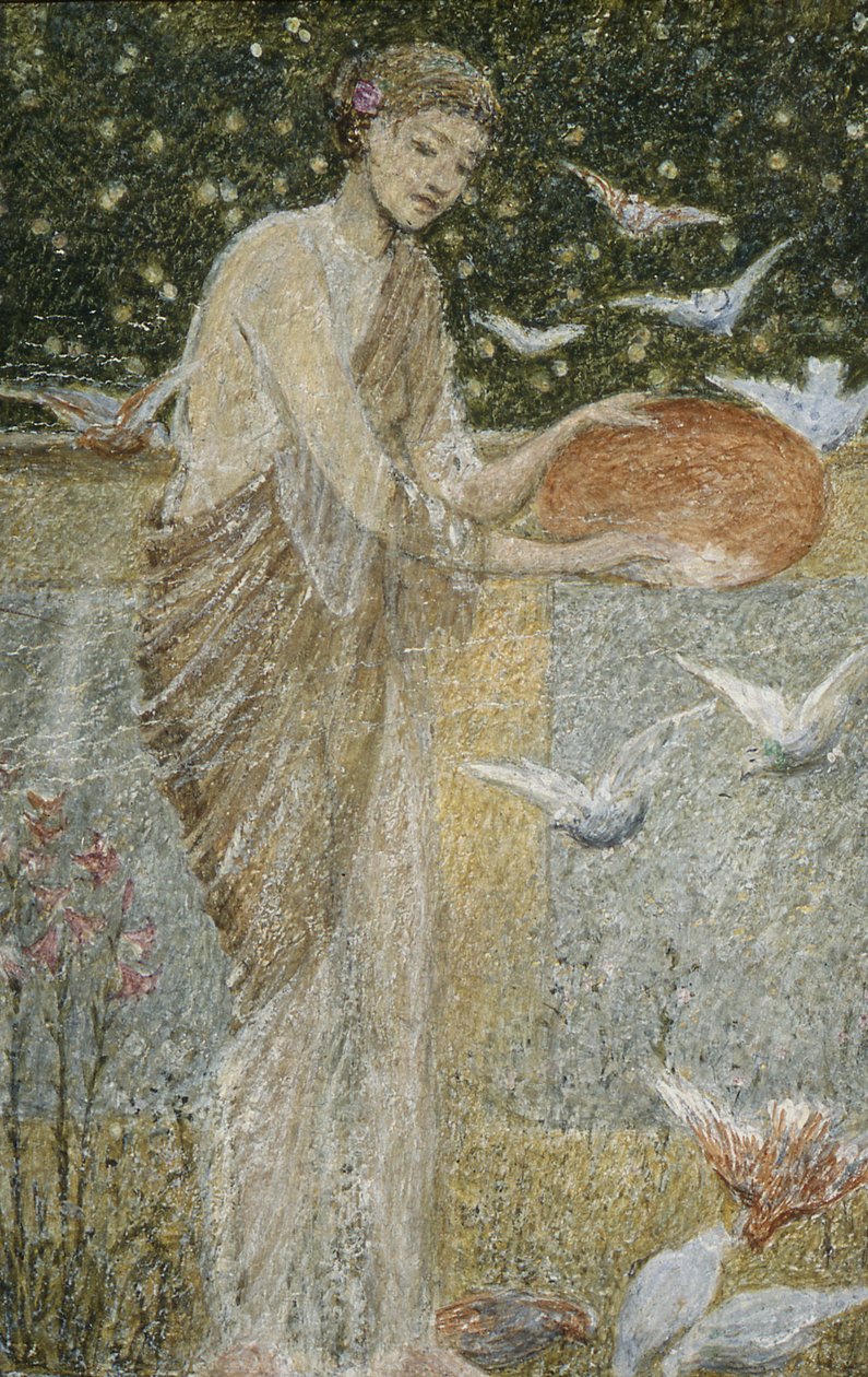 Niña alimentando palomas. Uno de tres bocetos para la decoración de Bank Hall, cerca de Chapel-en-le-Frith, Derbyshire de Thomas Armstrong