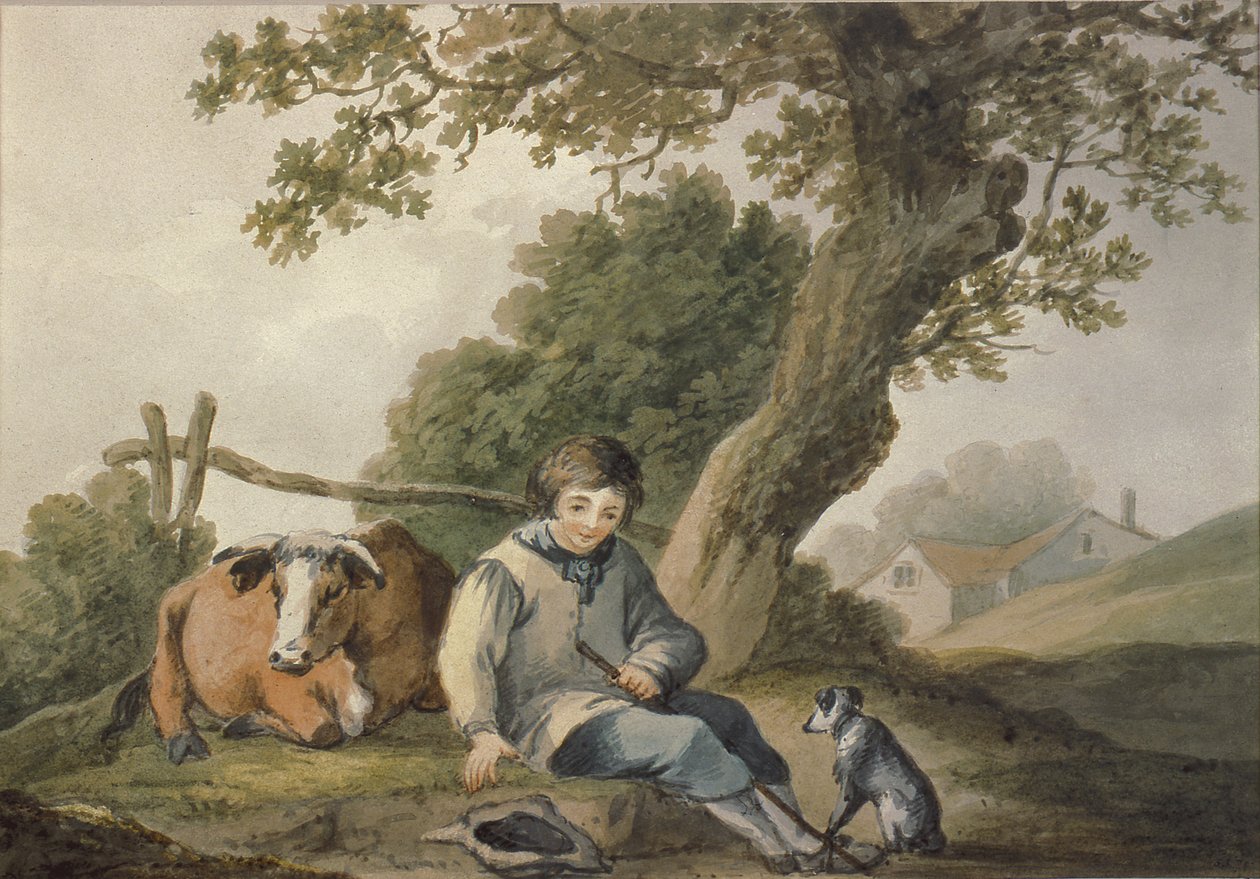 Paisaje con vaca y niño de Thomas Barker of Bath