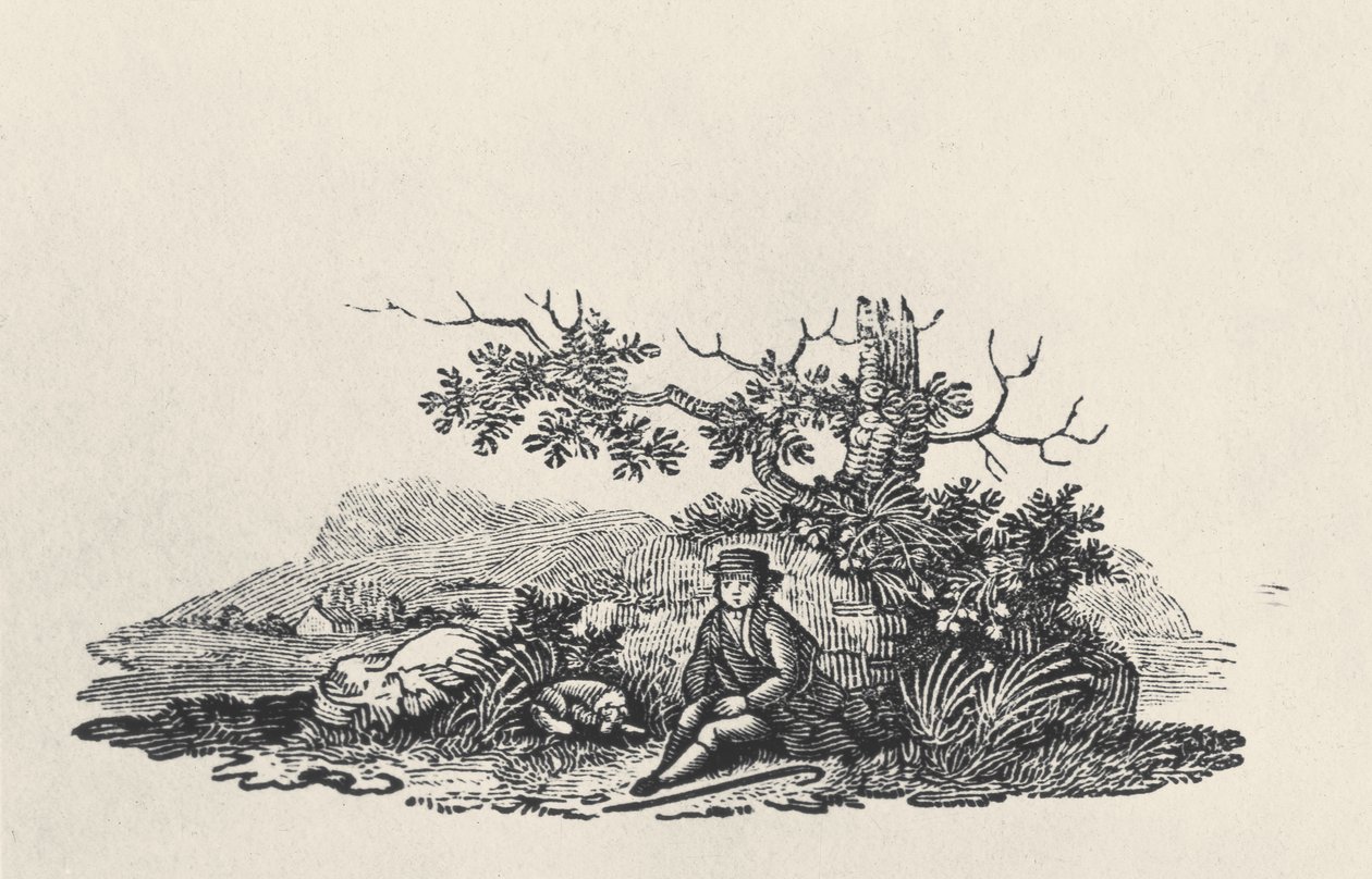 Un caballero bajo un árbol, de Land Birds, publicado en 1797 de Thomas Bewick