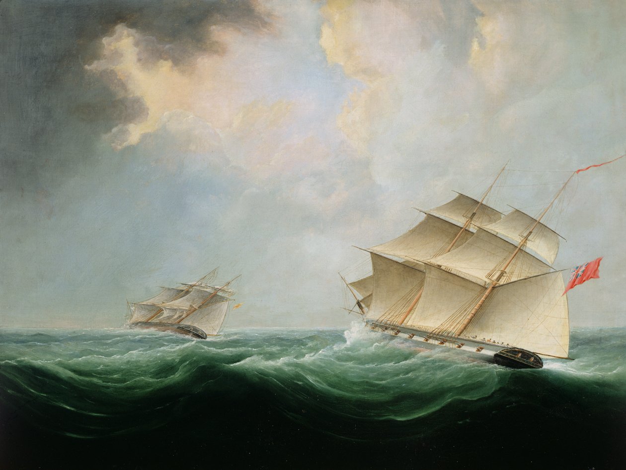 Un bergantín naval persiguiendo a otro bergantín de Thomas Buttersworth