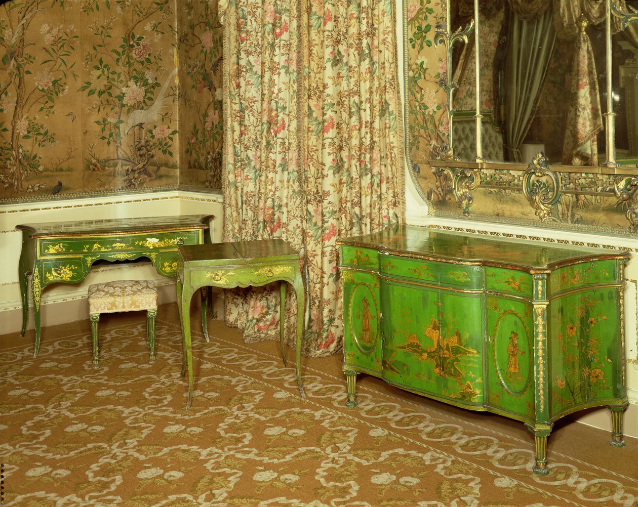 Muebles lacados en verde y oro en la cámara de estado en Nostell Priory, Yorkshire de Thomas Chippendale