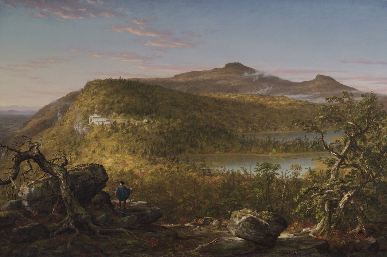 Vista de los dos lagos y la casa de la montaña, montañas Catskill, mañana (1844) de Thomas Cole