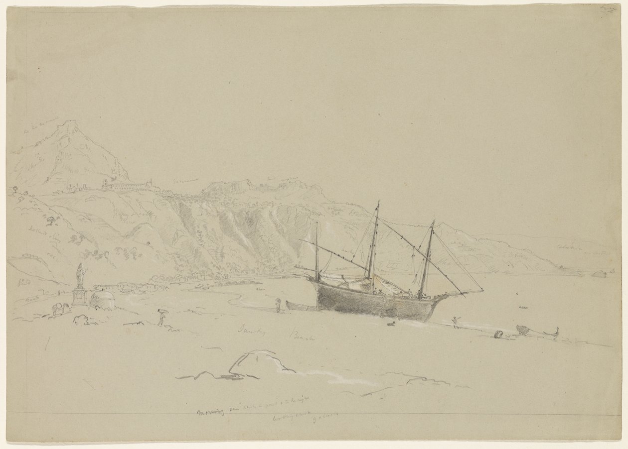 Barco en una playa cerca de Taormina, Sicilia, 1842 de Thomas Cole