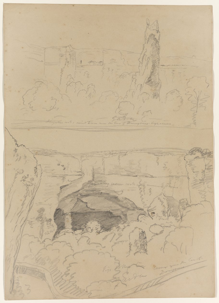 Roca, ruinas de torre y caverna cerca de la Oreja de Dionisio, Siracusa, Sicilia, 1842 de Thomas Cole