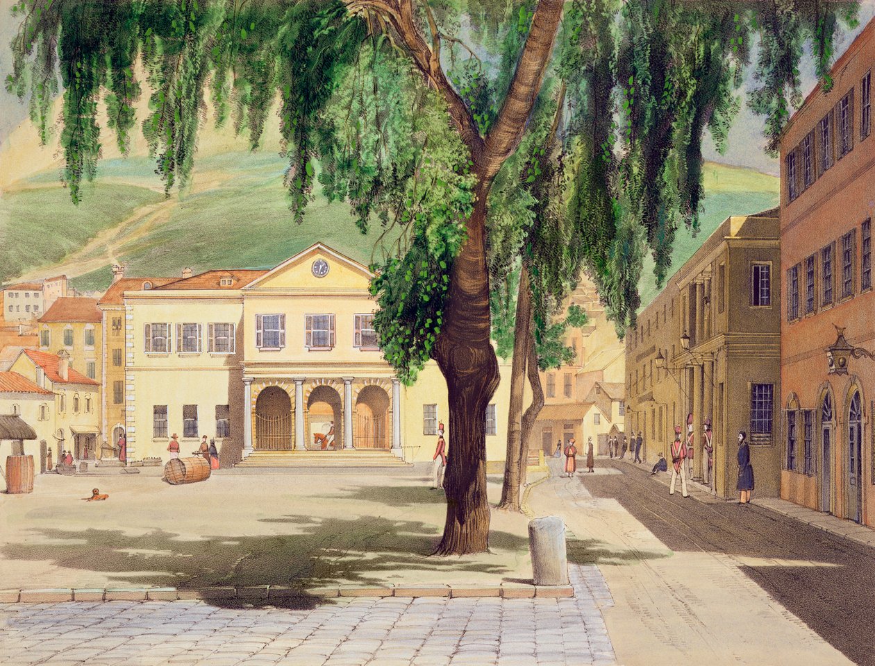 Plaza Comercial, la Biblioteca Comercial y la Guardia Principal, Ciudad de Gibraltar, ilustrado en 