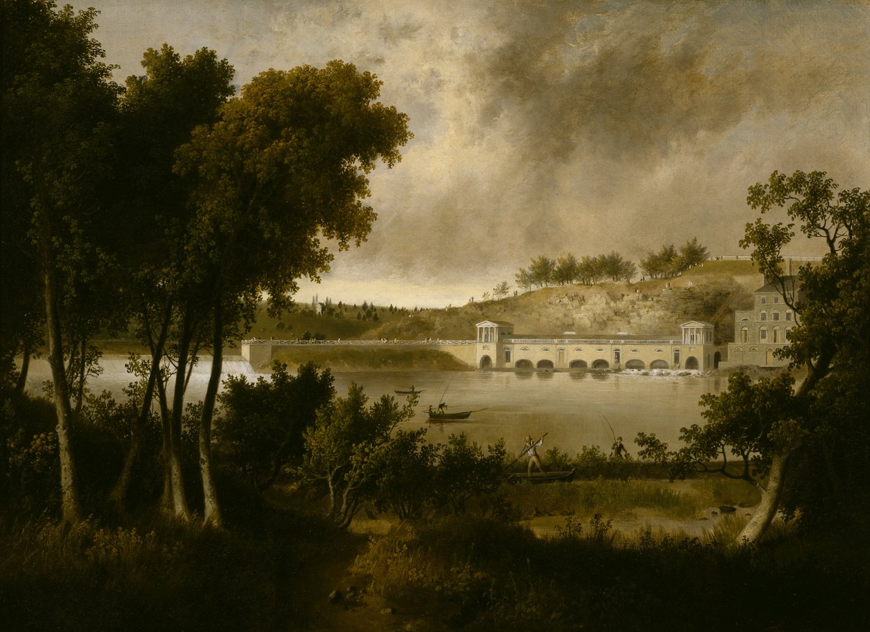 Vista de las Obras Hidráulicas de Fairmount, Filadelfia, desde el Lado Opuesto del Río Schuylkill, c. 1824-1826 de Thomas Doughty